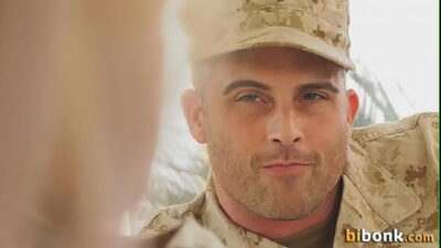 Military stud touches himself in MMF trio all gay porn video