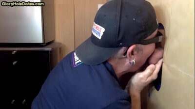 Mature DILF deepthroats and slurps on gloryhole dong all gay porn video