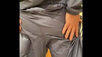 Blue Adidas nylon tracksuit rub and cum