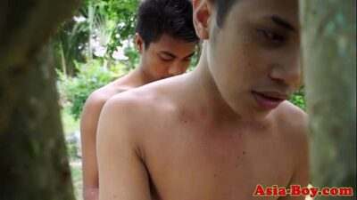 Gay asian teen duo fuck up against tree all gay porn video