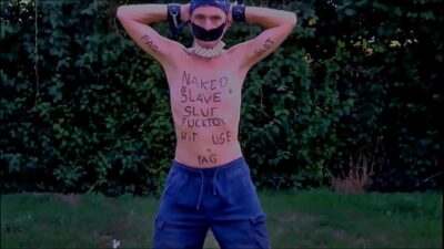 naked slave exposed in penis cage striptease on outdoor party with dirty body writing BDSM CBT all gay porn video