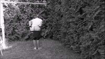 naked slave exposed in penis cage striptease public on outdoor party dirty body writing stretch his gay ass BDSM CBT all gay porn video