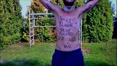 naked uncut slave exposed in penis cage striptease outdoor dirty body writing BDSM CBT all gay porn video