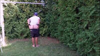 naked uncut slave exposed outdoor in penis cage striptease and dildoplay BDSM CBT all gay porn video