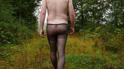 Outdoors walking the forest trail stripping off pantyhose tights with cumshot (Part 2) all gay porn video