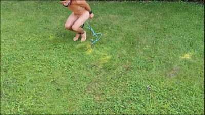 naked pathetic slave handcuffed outdoor in penis cage, tied up testicles jumps around, BDSM CBT all gay porn video