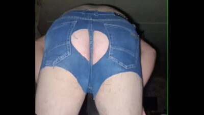 A fat-assed gay man masturbates his cock in ripped denim shorts and black stockings! all gay porn video