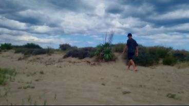 naked pathetic white slave, fag in penis cage, striptease and proudly present collar, leash, dildo play at the gay beach, CMNM all gay porn video