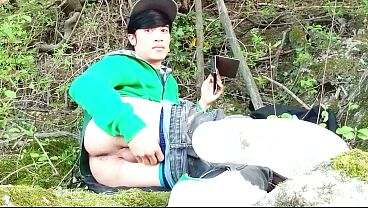 Risky masturbation outdoors a man’s voice caught this cute gay twink with his balls hanging out, jerking off his uncut foreskin, his ass hole exposed all gay porn video