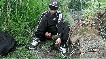Cute Asian gay twink in a black-and-white adidas tracksuit and Campus sneakers masturbates and cums outdoors all gay porn video